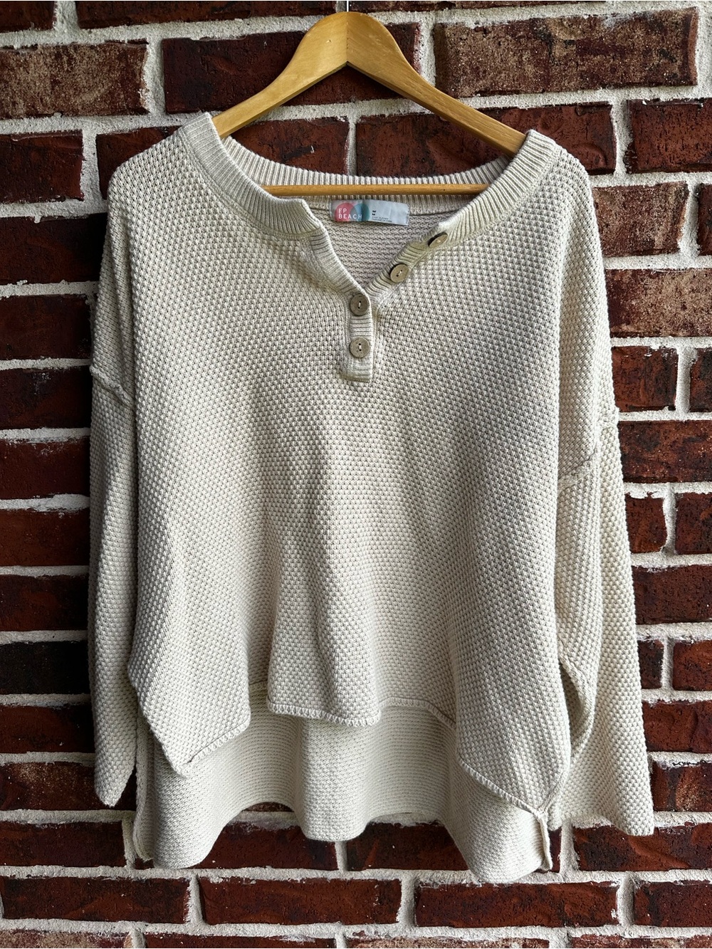 Mi Cream Waffle Knit Sweater with Multicolor Label